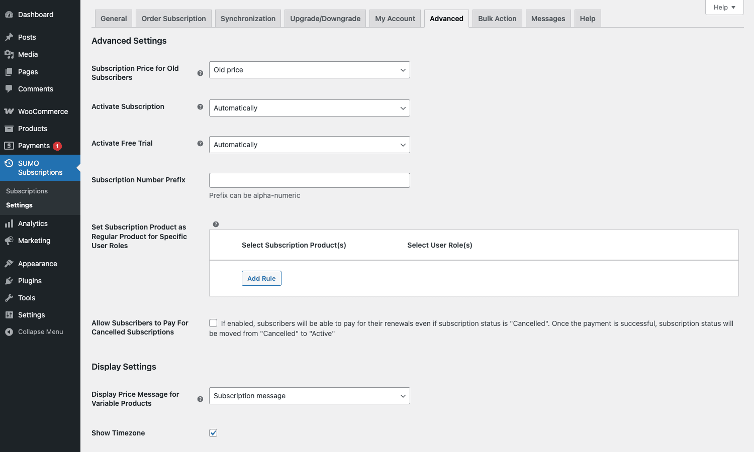 Advanced settings tab SUMO Subscriptions Advanced settings tab