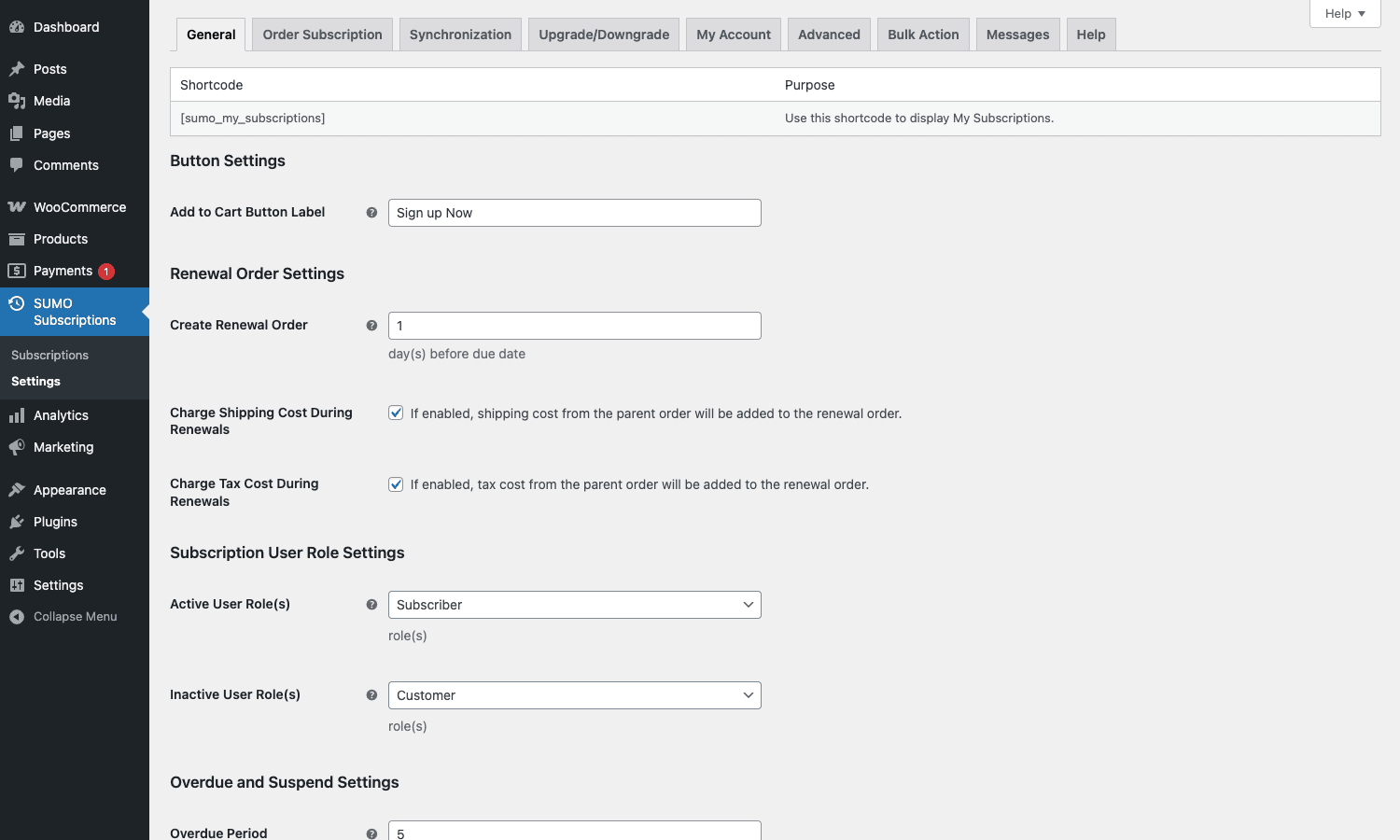SUMO Subscriptions General tab SUMO Subscriptions General settings tab