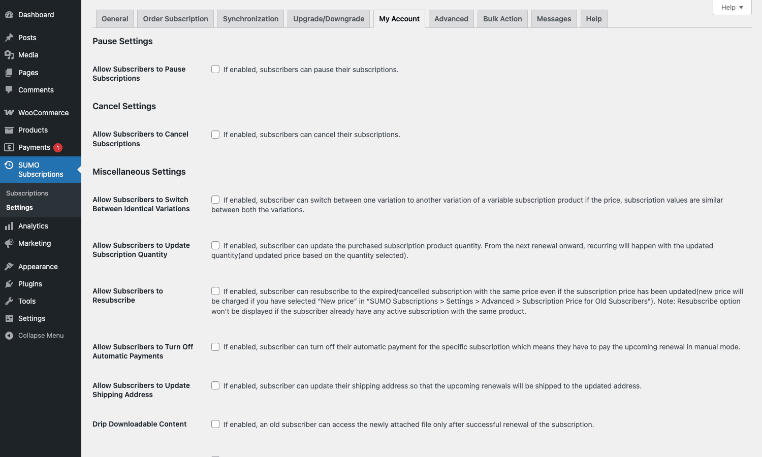 SUMO Subscriptions My Account tab SUMO Subscriptions My Account settings tab