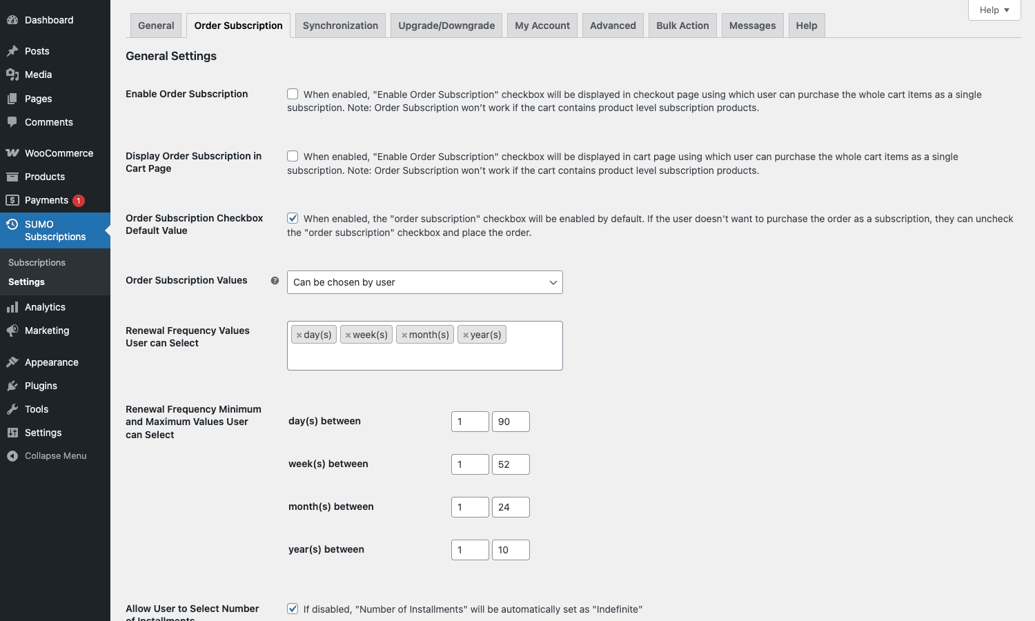 Order Subscription tab SUMO Subscriptions Order Subscription settings tab