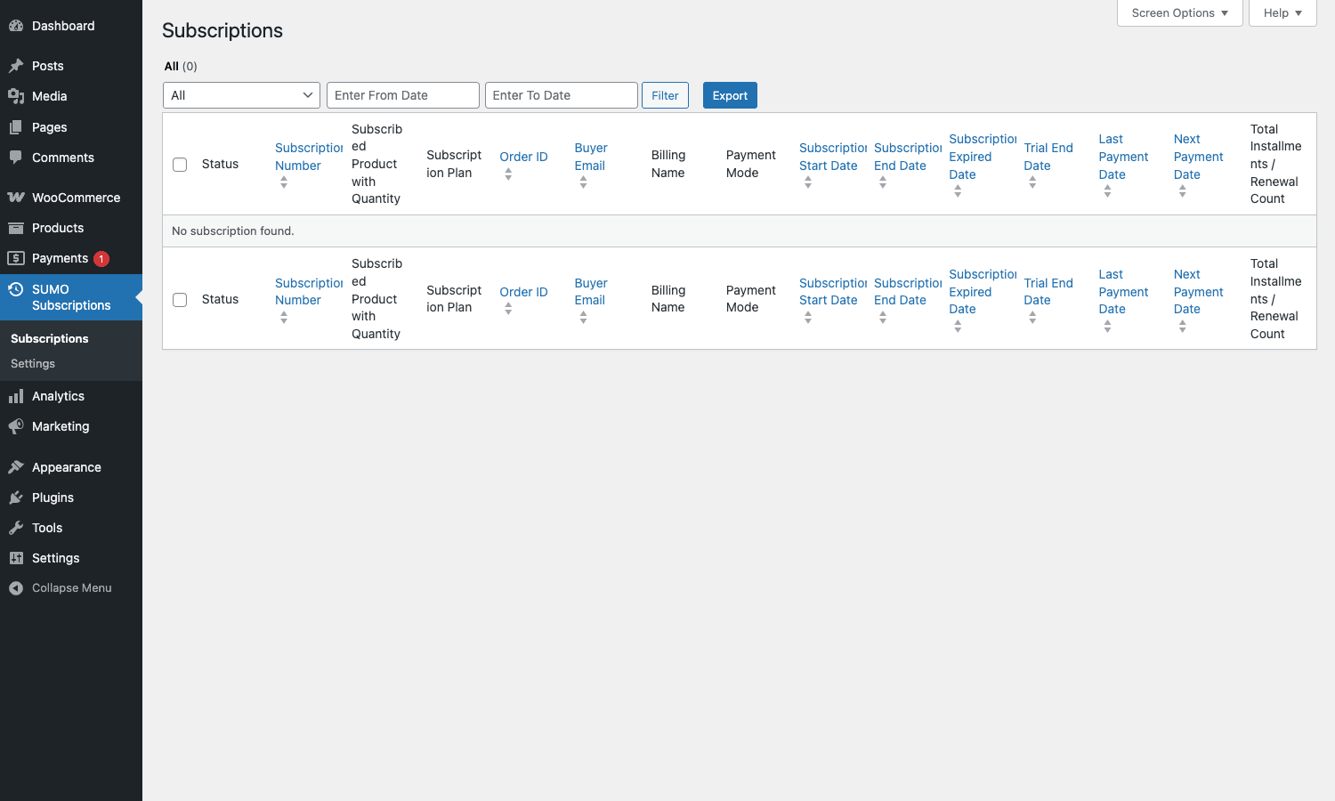 SUMO Subscriptions admin subscriptions list SUMO Subscriptions admin subscriptions list with full column set