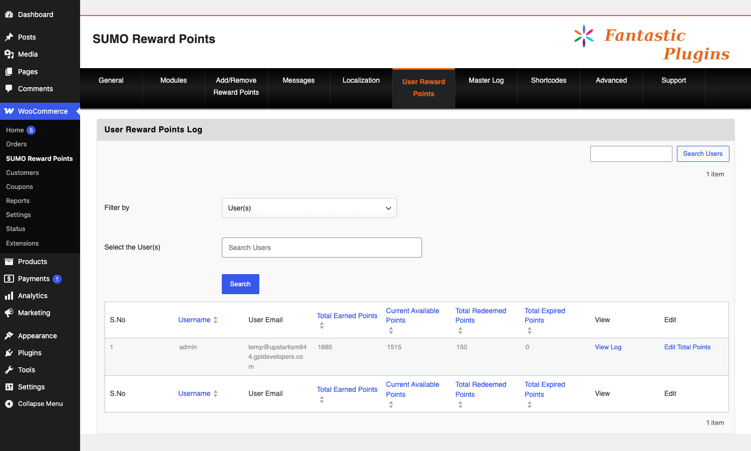 SUMO User Reward Points table SUMO Reward Points user list showing customer point balances