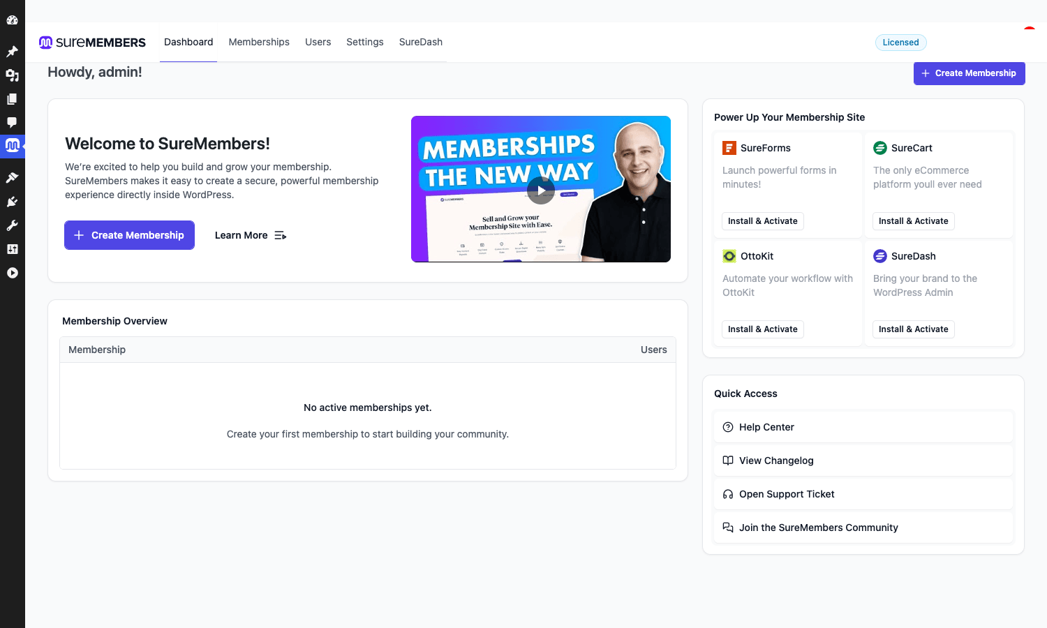 SureMembers dashboard SureMembers admin dashboard with quick links
