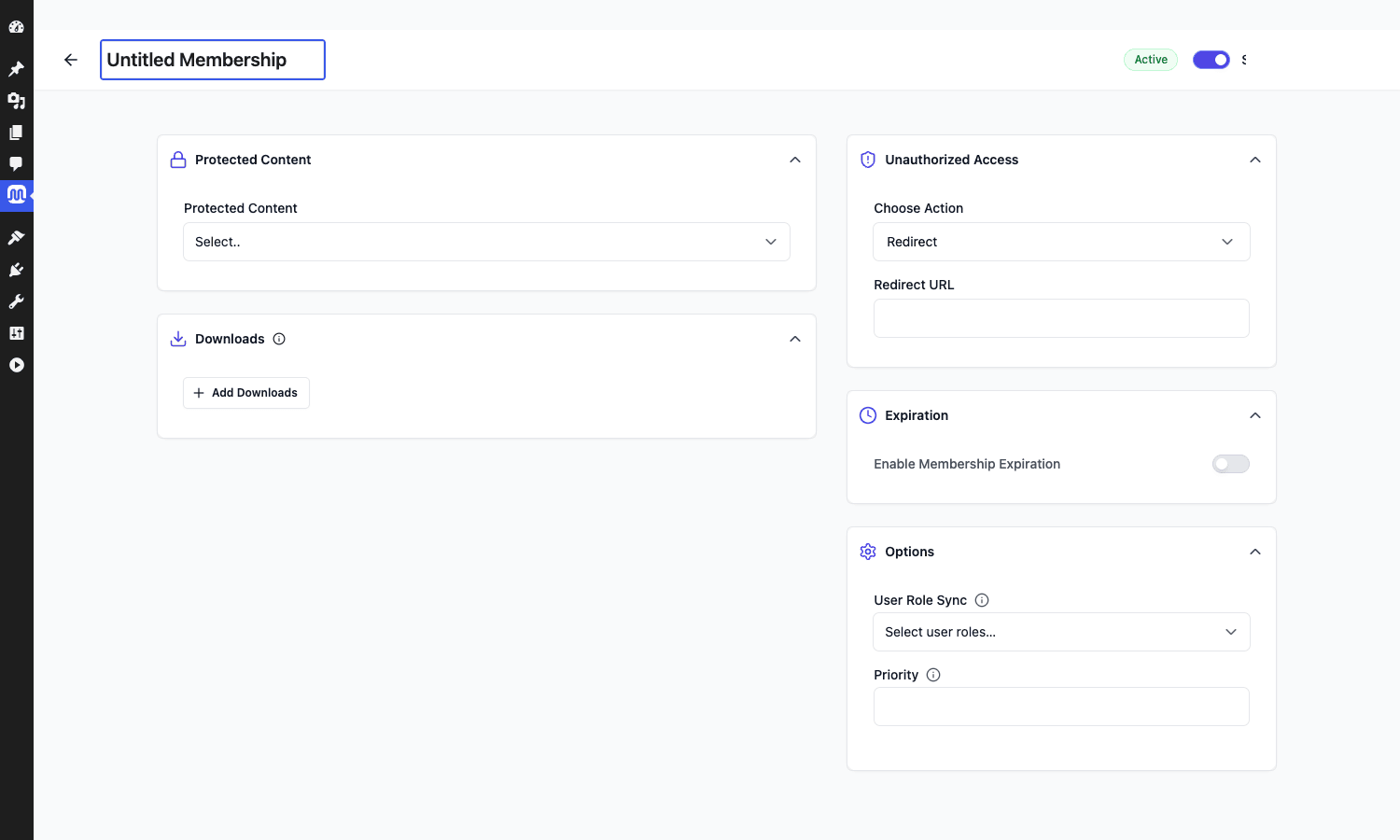 New membership editor SureMembers membership editor with Protected Content, Downloads, Unauthorized Access, Expiration, and Options panels