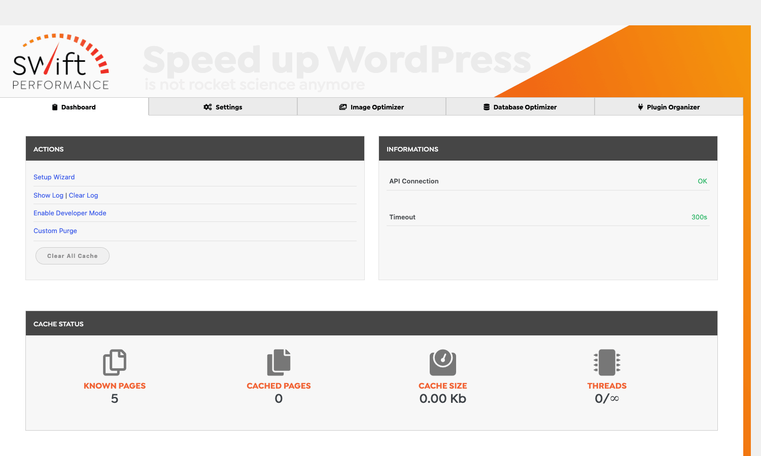 Swift Performance dashboard Swift Performance dashboard showing Actions, Information panel, and Cache Status with Known Pages and Cached Pages tiles