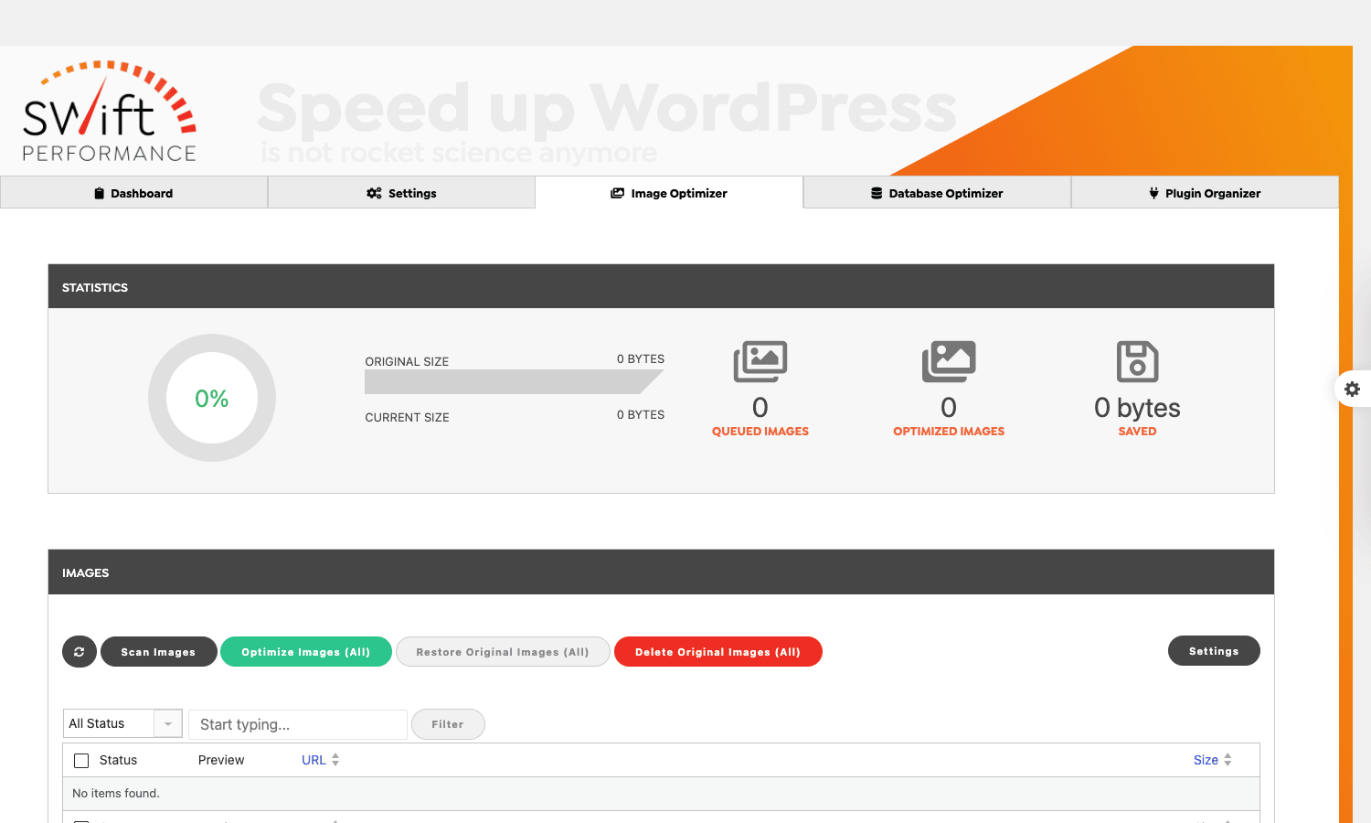 Swift Performance Image Optimizer Swift Performance Image Optimizer statistics panel showing 0% optimized and the Optimize Images All button