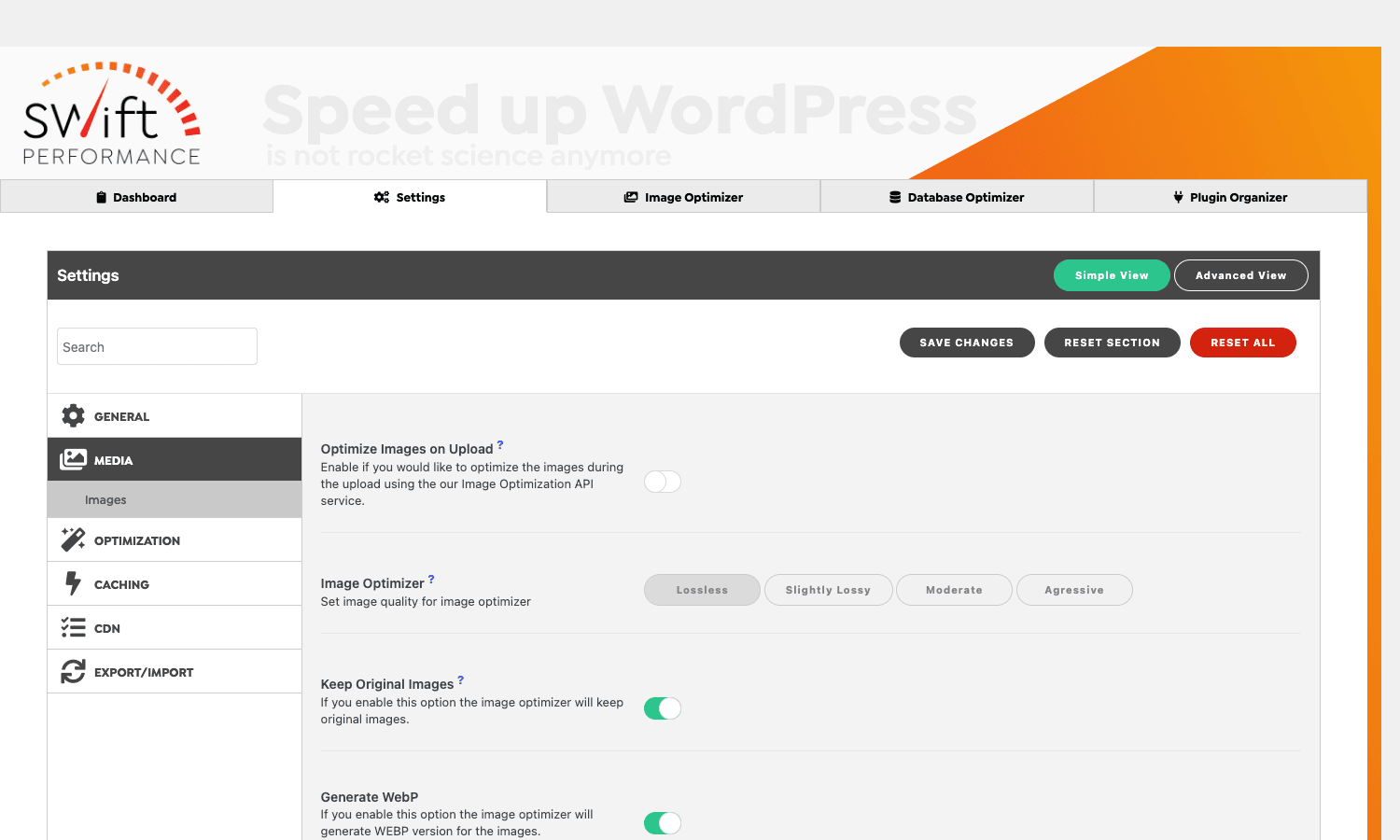 Swift Performance Media settings Swift Performance Media settings with Optimize Images on Upload, Image Optimizer quality presets, and Generate WebP toggle