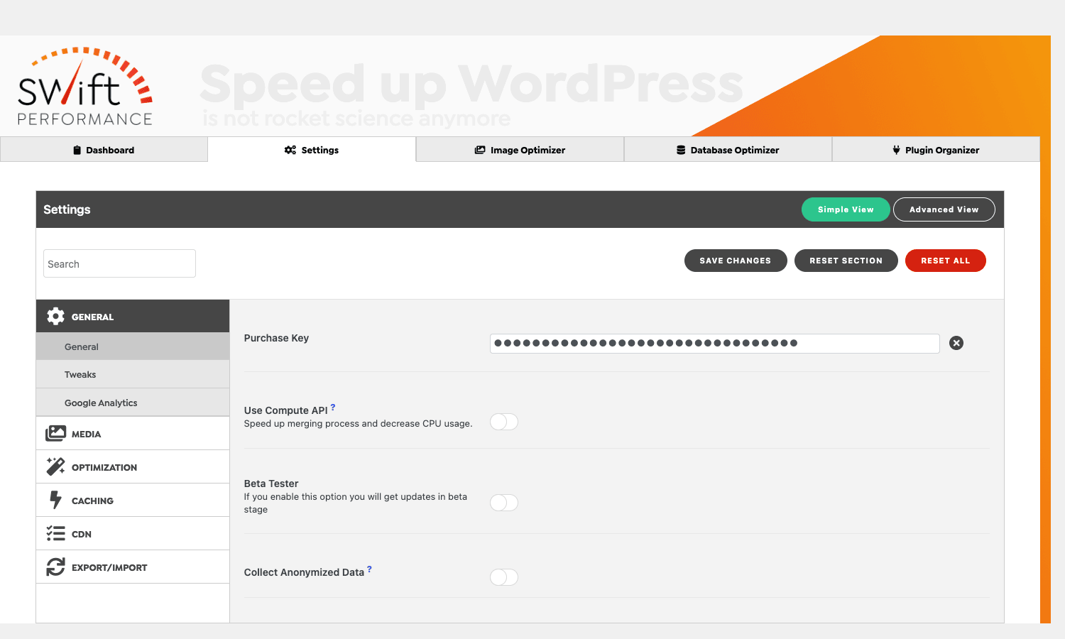 Swift Performance General settings Swift Performance Settings vertical nav with General highlighted, Purchase Key field, Use Compute API and Beta Tester toggles