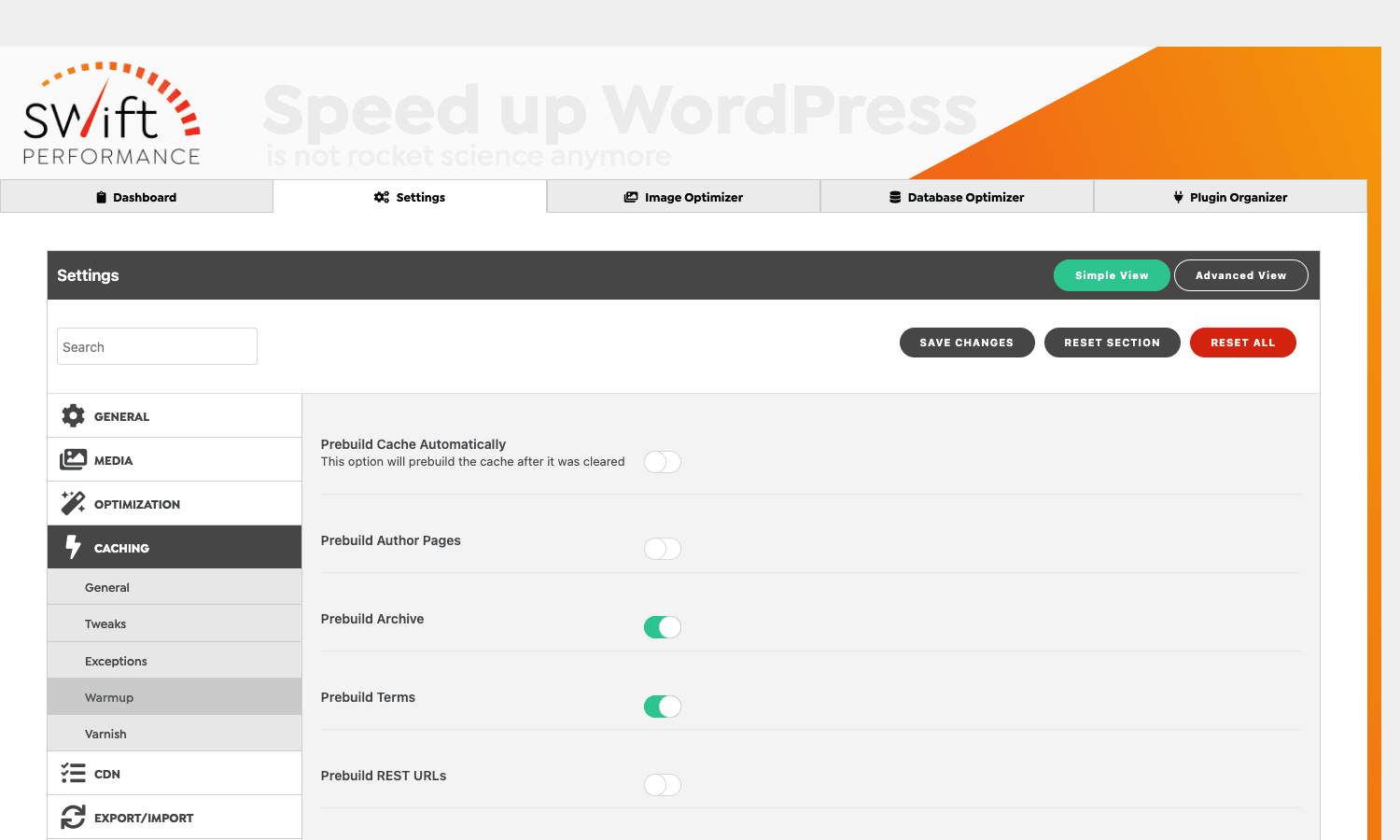 Swift Performance Warmup settings Swift Performance Warmup panel with Prebuild Cache Automatically, Prebuild Archive, Prebuild Terms, and Prebuild REST URLs toggles