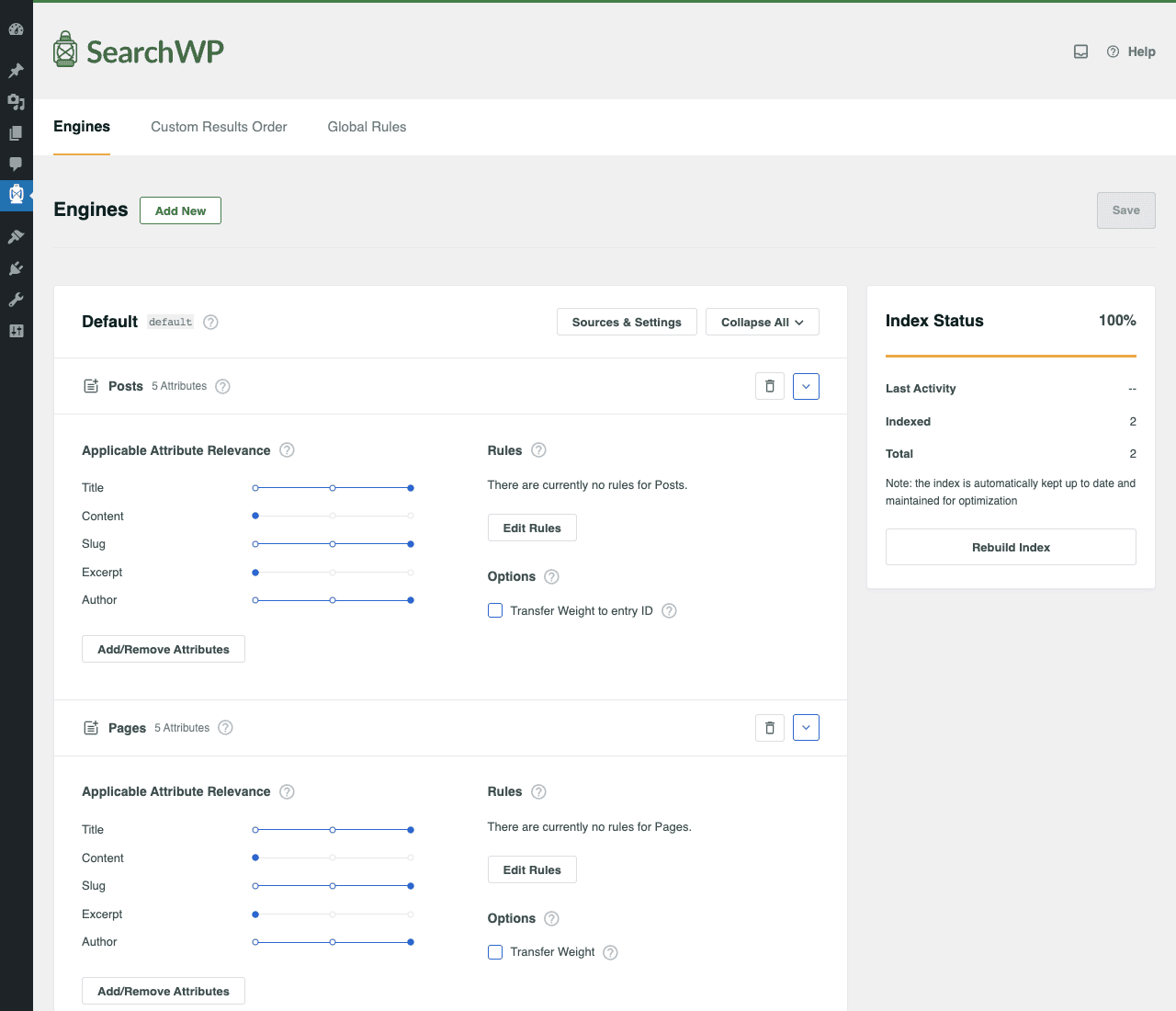 SearchWP Algorithm and Engines configuration SearchWP Algorithm page showing the Default engine with Posts (5 attributes) and Pages (5 attributes) sources, attribute relevance sliders for Title, Content, Slug, Excerpt, Author, and the Index Status sidebar showing 100% indexed