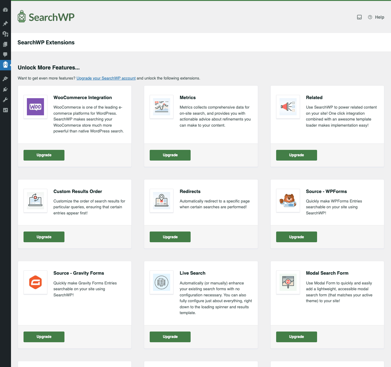 SearchWP extensions SearchWP Extensions grid showing WooCommerce Integration, Metrics, Related, Custom Results Order, Redirects, Source extensions (WPForms, Gravity Forms), Live Search, and Modal Search Form