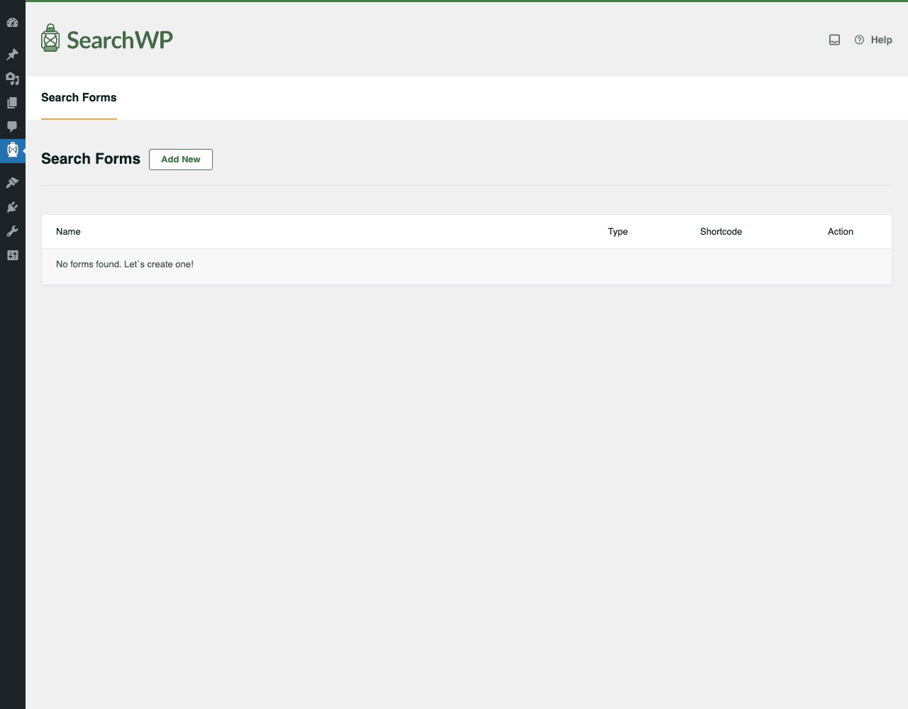 SearchWP Search Forms SearchWP Search Forms tab showing the empty state with "Add New" button to create custom search forms with engine selection and template options