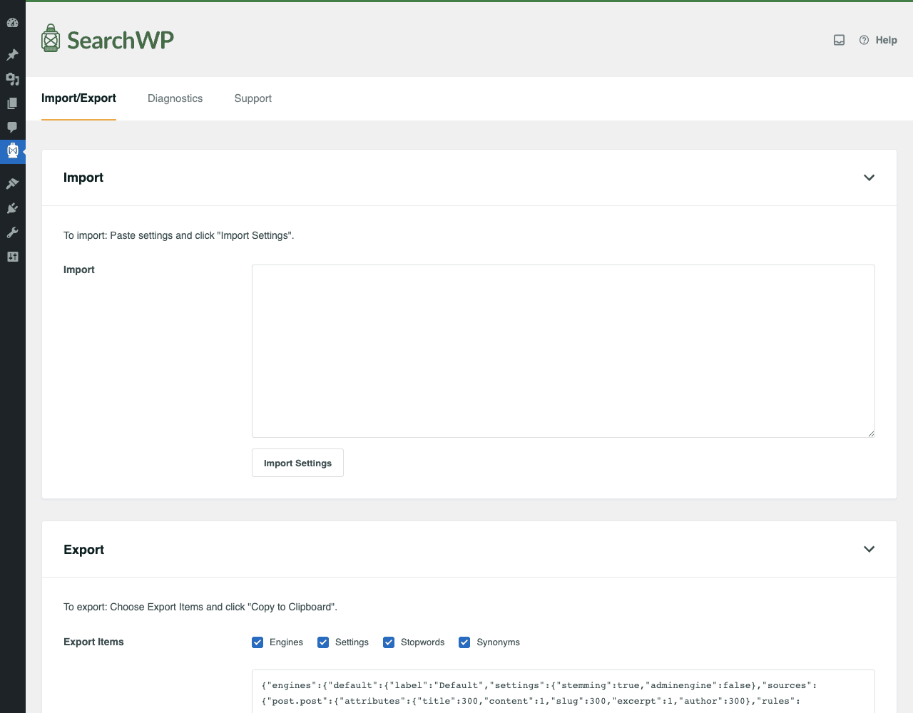 SearchWP Tools import/export SearchWP Tools tab showing Import/Export with JSON paste boxes, plus Diagnostics and Support tabs