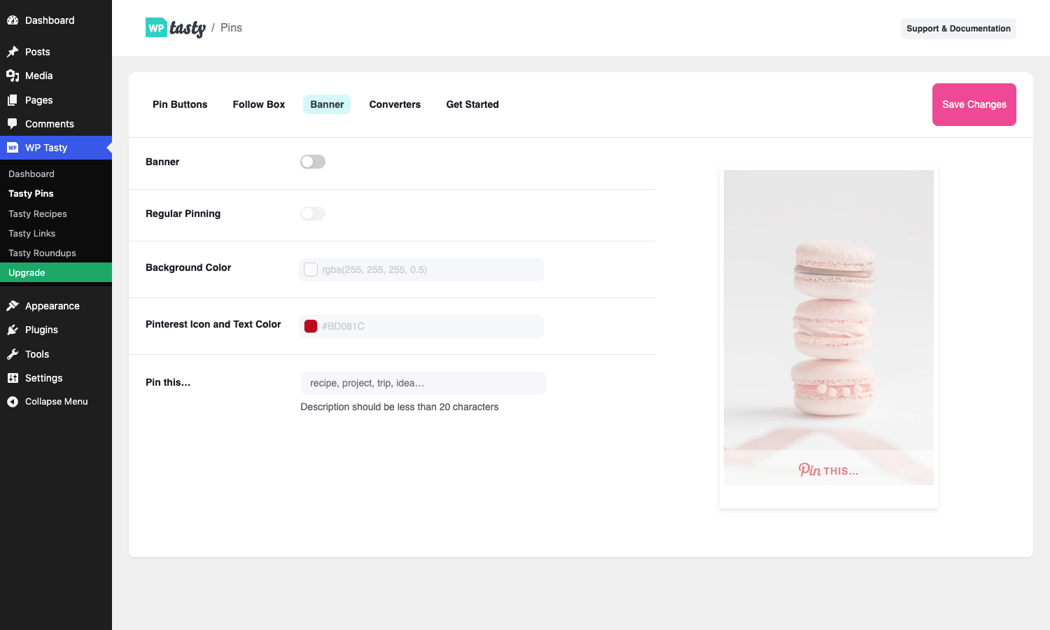 Pinterest Banner configuration with live preview Pinterest Banner tab showing the Banner toggle, background color, text color, and pin caption field with a macaron stock-photo preview