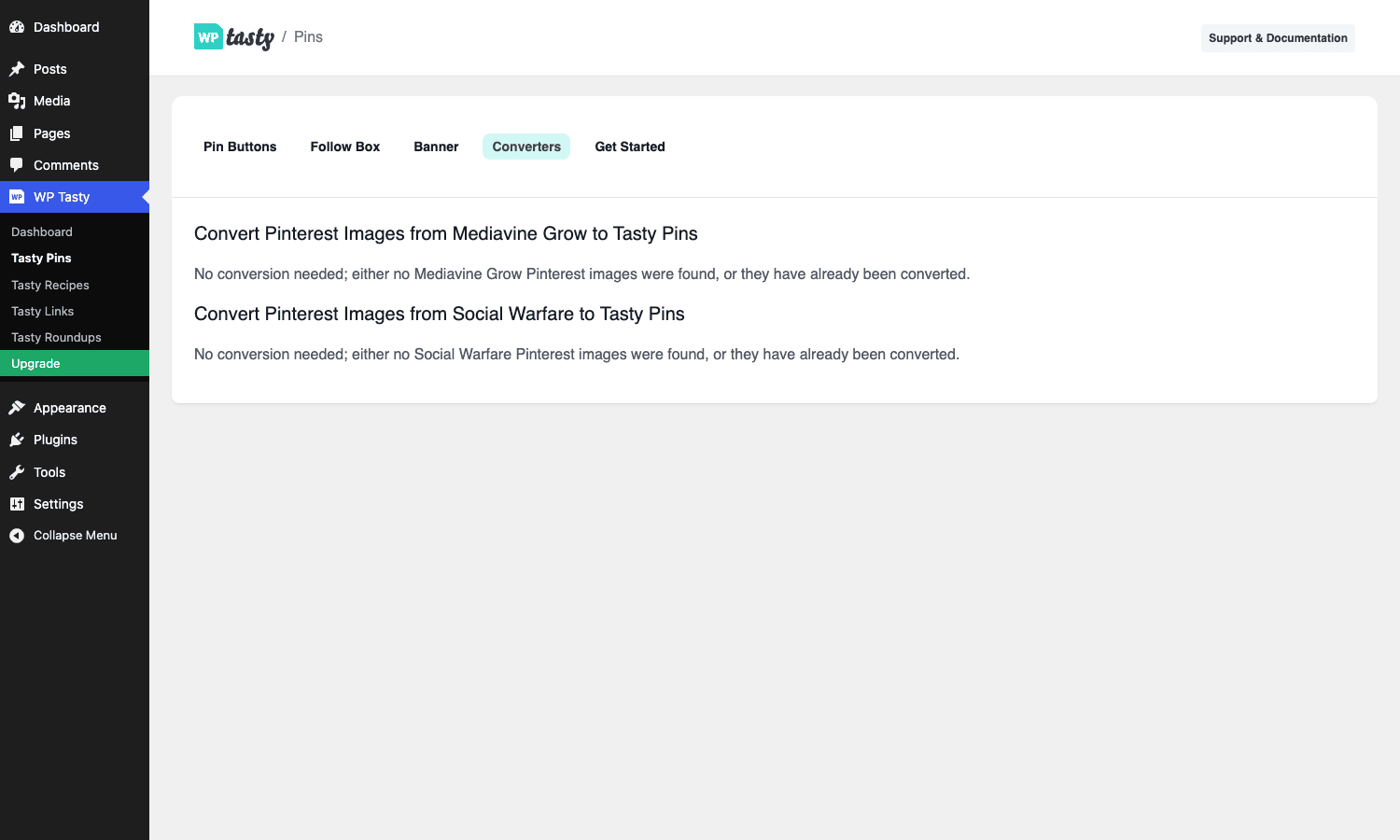 Mediavine Grow and Social Warfare converters Converters tab listing Mediavine Grow and Social Warfare converters, both reporting no conversion needed on a fresh install