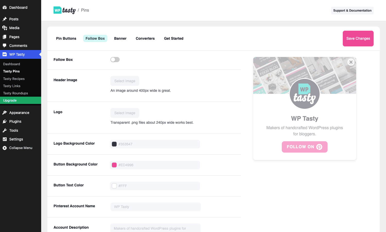 Follow Box settings with live preview Follow Box configuration showing header image, logo, account name, account description, and a live preview of the box