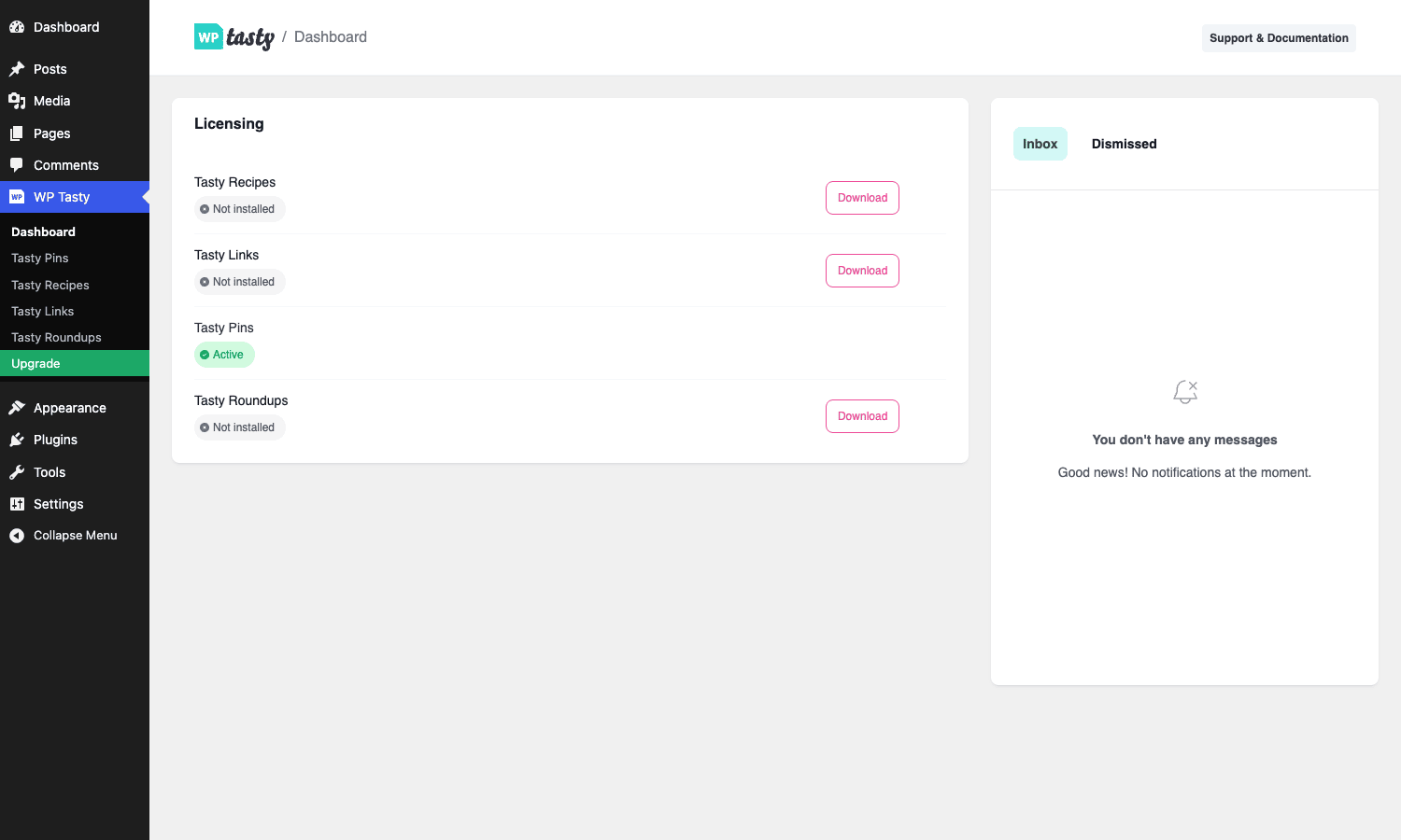 WP Tasty dashboard WP Tasty dashboard showing the Tasty Pins license status and the rest of the WP Tasty plugin family
