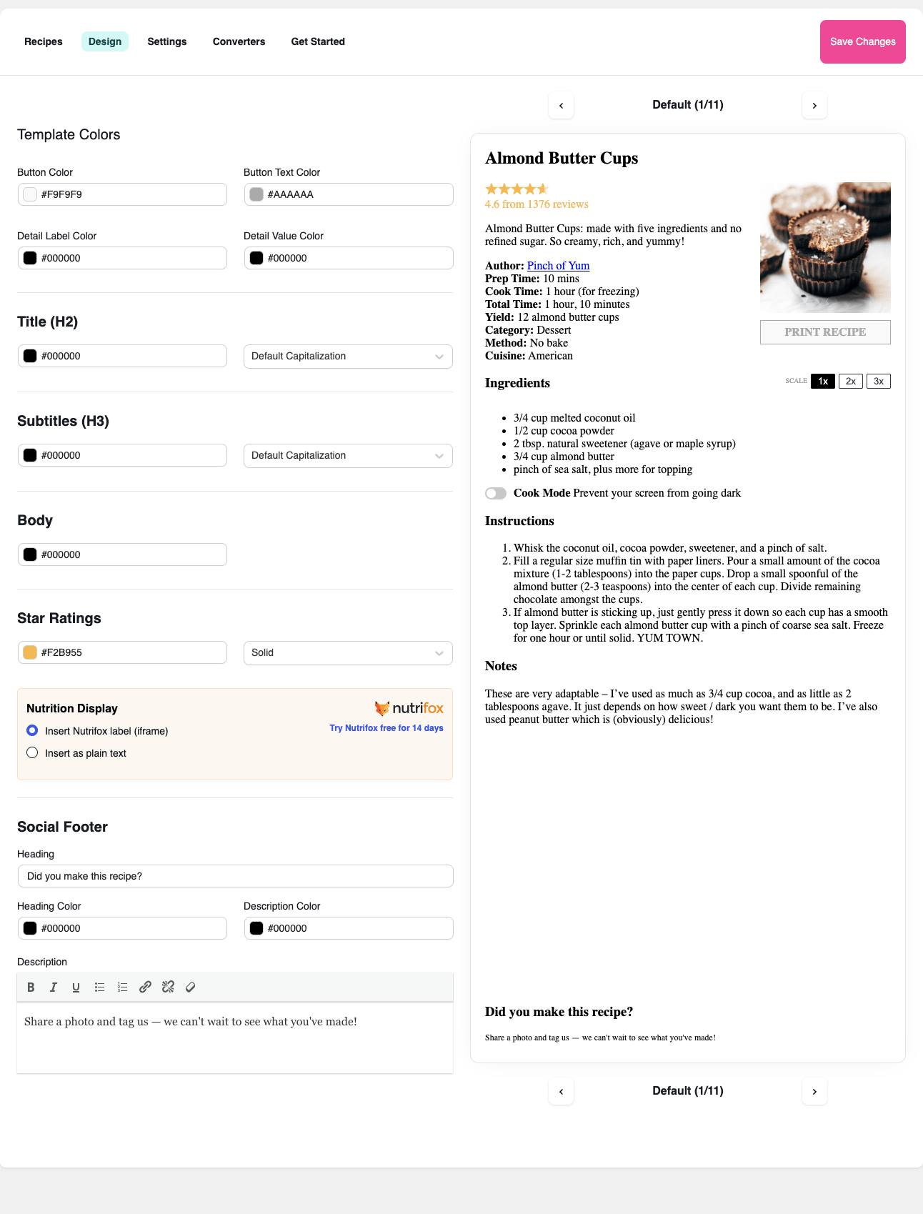 Live preview in the Design tab Tasty Recipes Design tab with color pickers on the left and a live recipe card preview on the right showing an Almond Butter Cups recipe