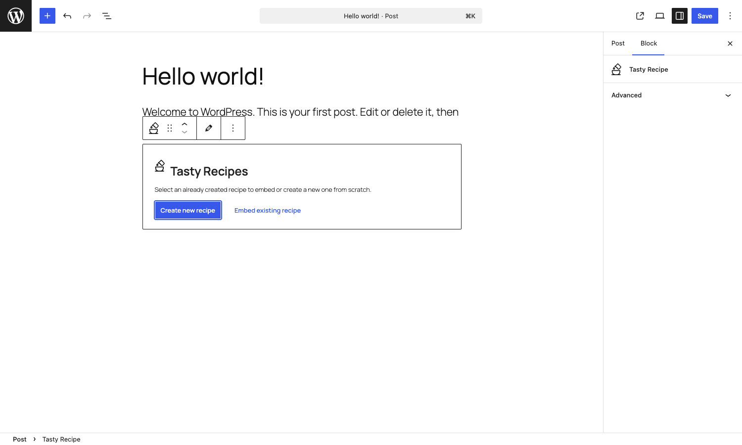 Inserting the Tasty Recipe block in Gutenberg Tasty Recipe Gutenberg block in the WordPress post editor showing the Create new recipe and Embed existing recipe options