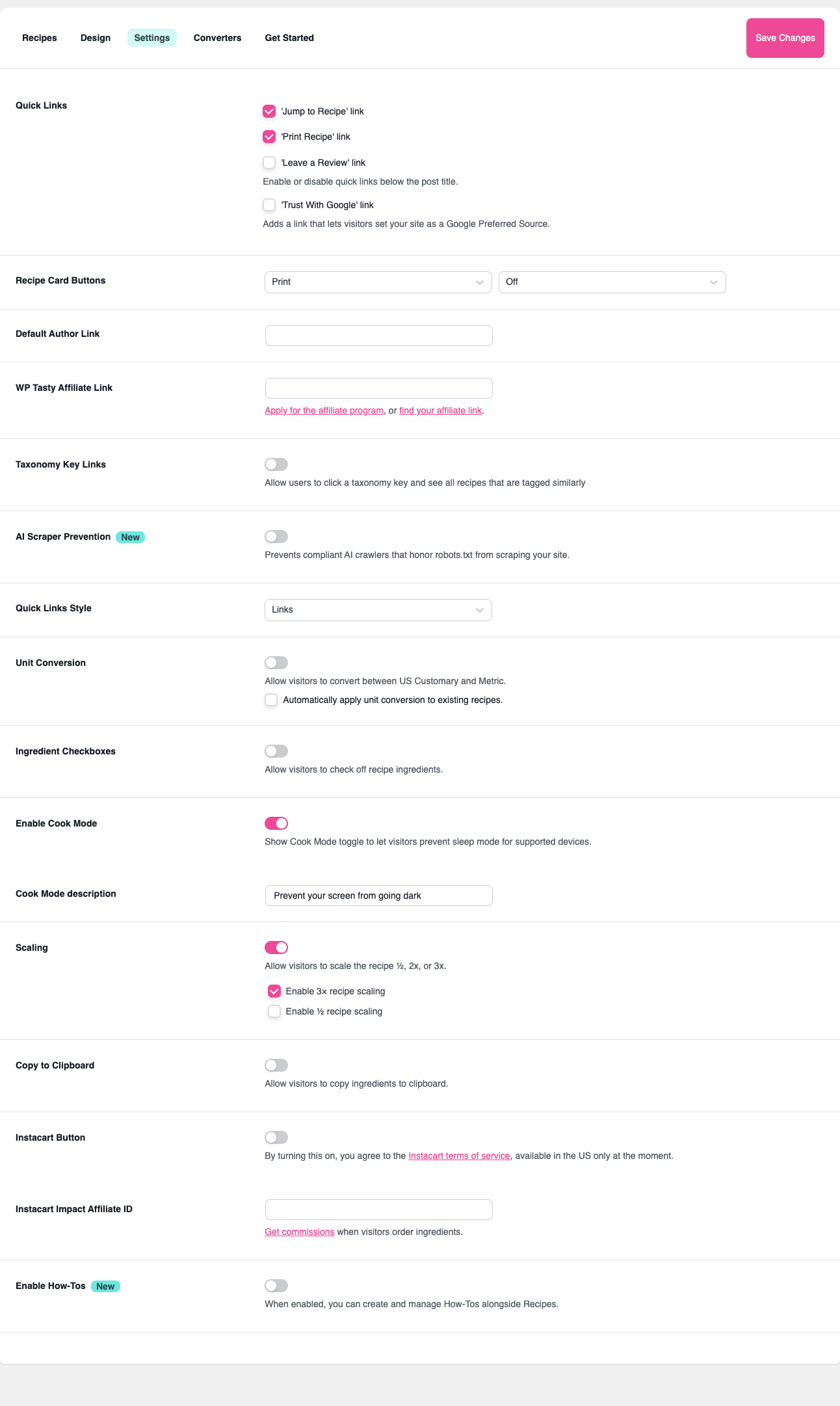 The Settings tab Tasty Recipes Settings tab with quick links, cook mode, scaling, unit conversion, ratings, Instacart, and how-tos toggles