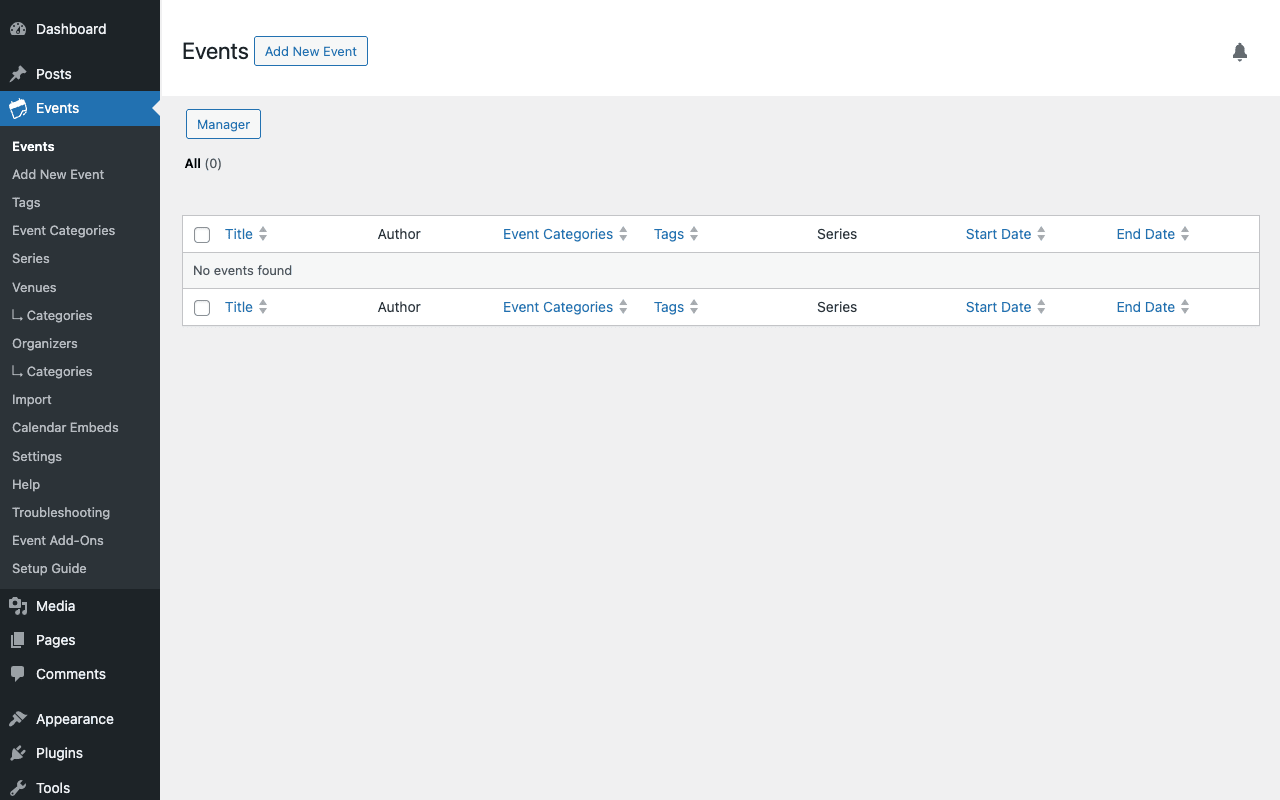 The Events Calendar admin, your event list and side nav for everything event-related The Events Calendar admin Events list page showing the sidebar nav (Events, Add New Event, Tags, Event Categories, Series, Venues, Categories, Organizers, Import, Calendar Embeds, Settings, Help, Troubleshooting, Event Add-Ons, Setup Guide), Events header with Add New Event button, and an empty events table with Title, Author, Event Categories, Tags, Series, Start Date, End Date columns