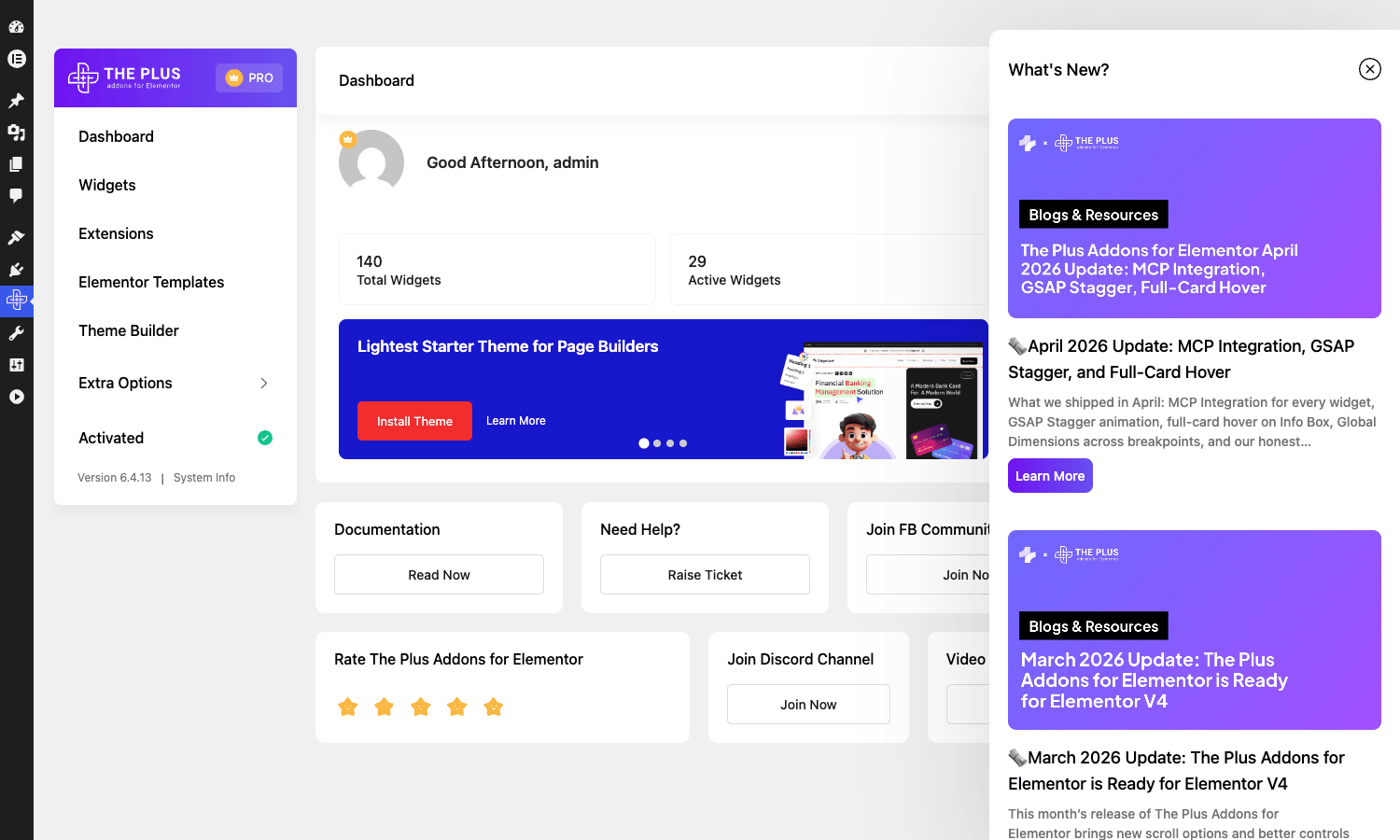 Plus Addons admin dashboard Plus Addons admin dashboard with widget counts and quick-link cards