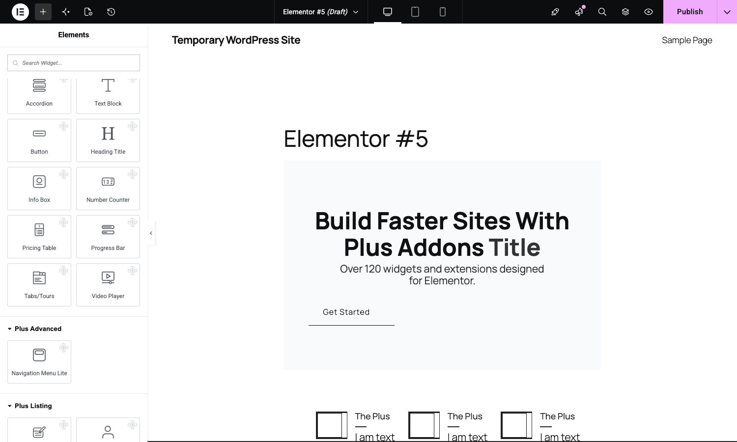Plus Addons widgets inside the Elementor editor Plus Addons widgets visible in the Elementor editor left panel alongside a populated canvas