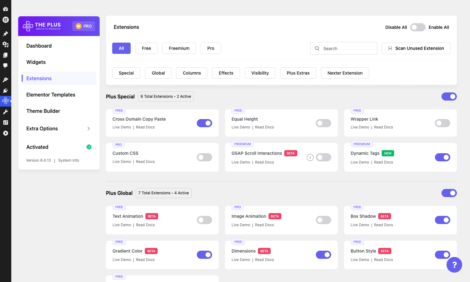 Plus Addons extensions manager Plus Addons extensions toggle list with Special and Global extension categories