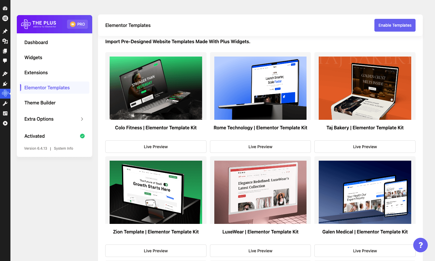Plus Addons starter template kits library with industry-specific template cards