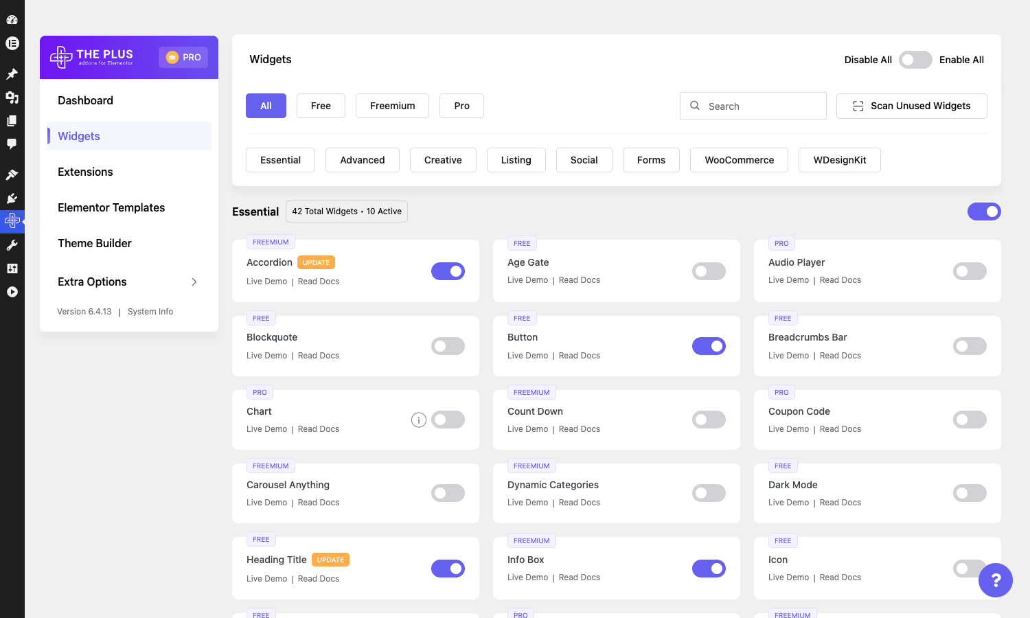 The Plus Addons widget manager dashboard The Plus Addons widgets dashboard with category tabs and toggle switches