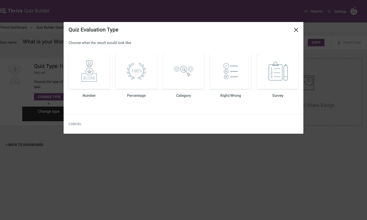 Thrive Quiz Builder evaluation types Five quiz evaluation types in Thrive Quiz Builder: Number, Percentage, Category, Right/Wrong, and Survey