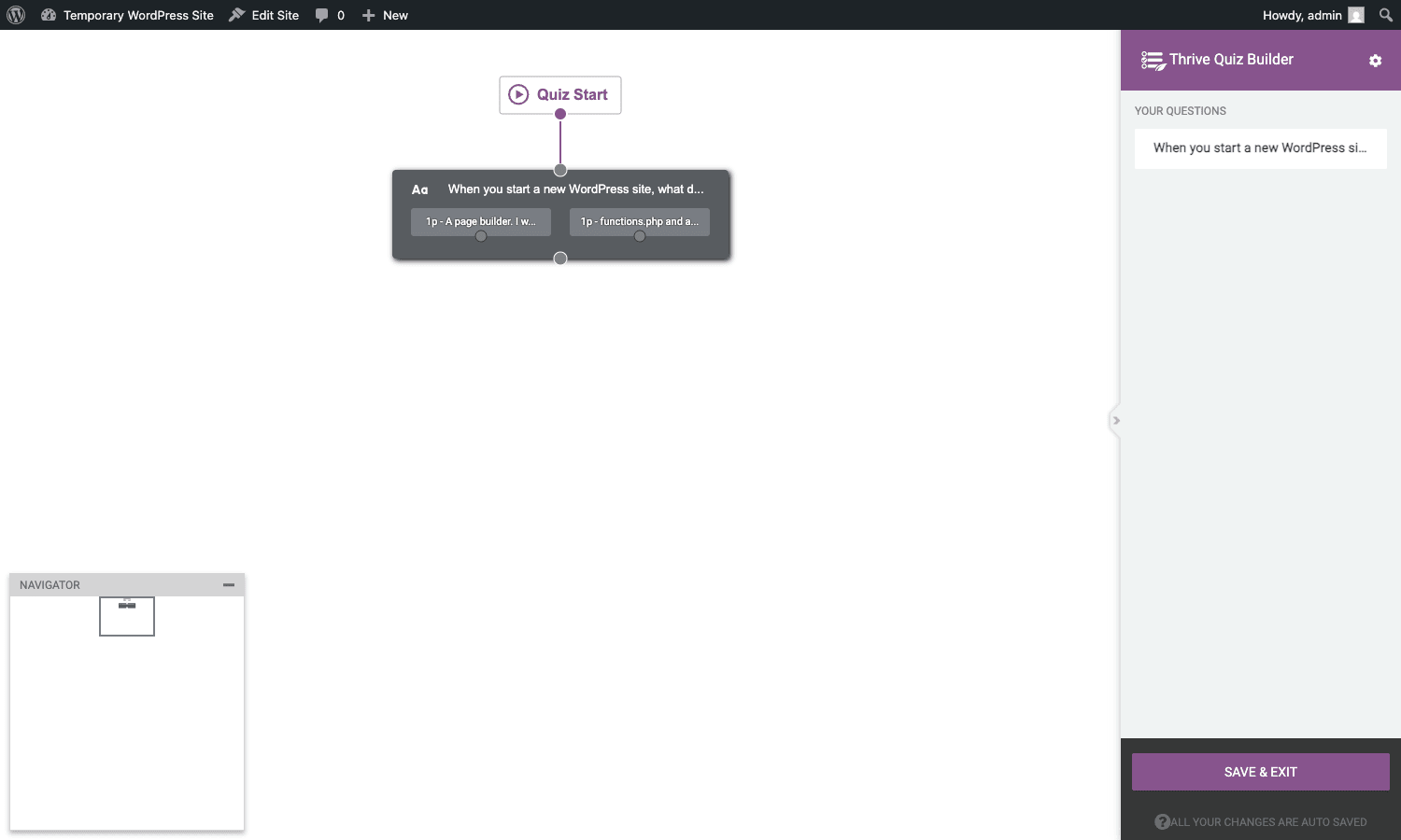 Thrive Quiz Builder graph editor canvas Thrive Quiz Builder graph editor showing Quiz Start connected to a question node with answer chips