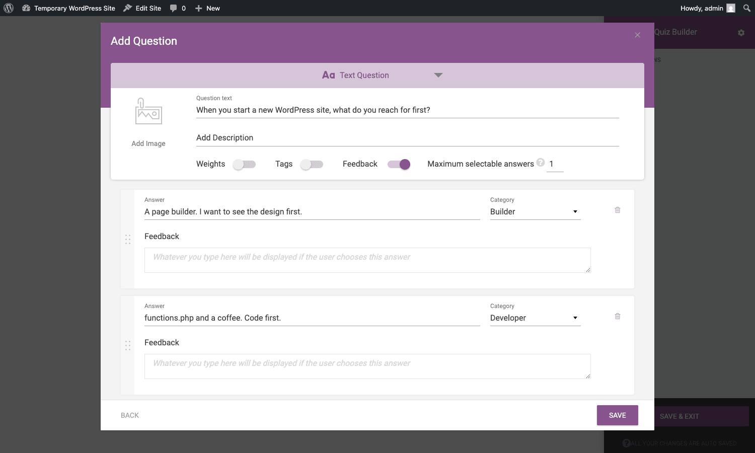 Thrive Quiz Builder question editor with category mapping Thrive Quiz Builder question editor with answer fields and category dropdowns mapping answers to personality types