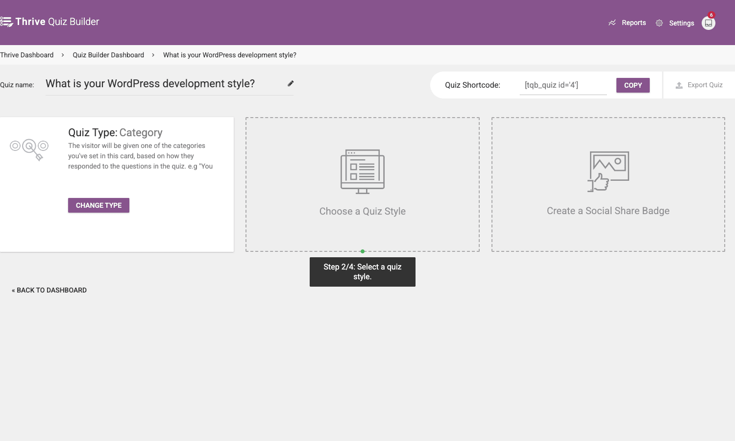 Thrive Quiz Builder quiz settings page Thrive Quiz Builder quiz settings page showing quiz name, shortcode, and quiz type set to Category