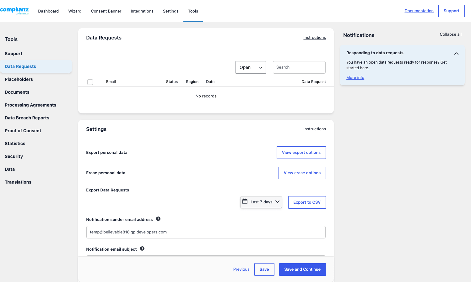 Complianz Tools - Data Requests Complianz Tools Data Requests view with the request inbox, settings for export and erase personal data, CSV export, and the notification email template editor