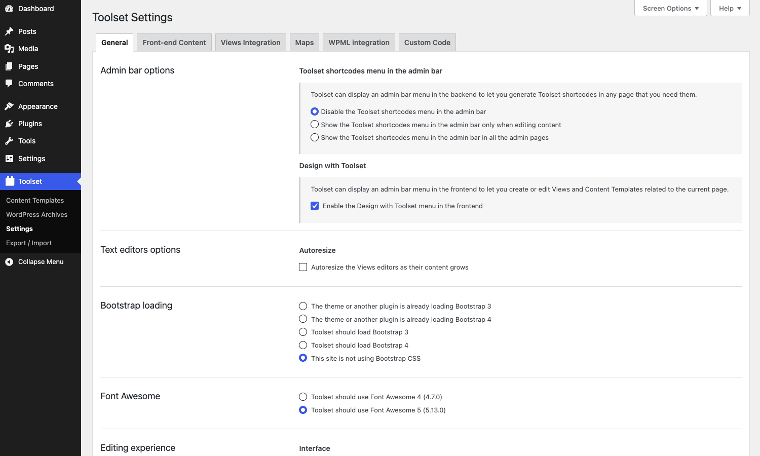 Toolset Settings tabs Toolset Settings panel with tabs for General, Front-end Content, Views Integration, Maps, WPML integration, and Custom Code
