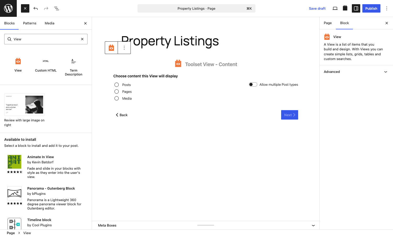 View content selection Toolset View content selection step with Posts, Pages, Media radio buttons