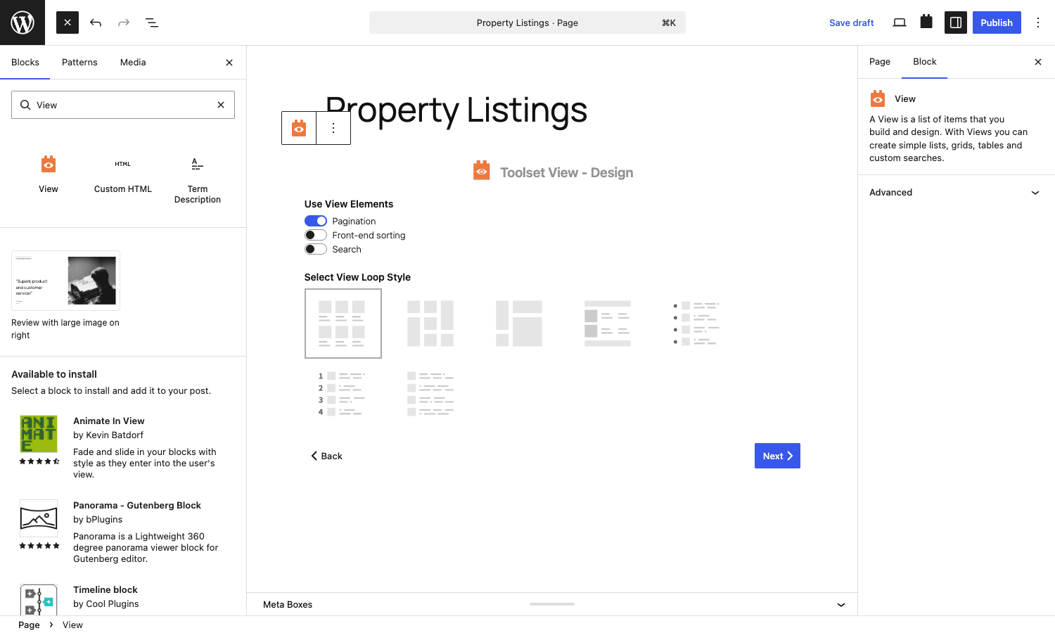 View design step Toolset View design step with Use View Elements toggles and Select View Loop Style options