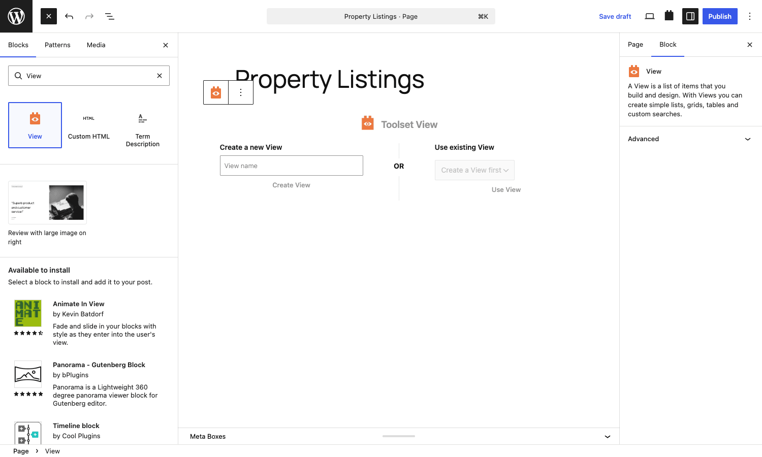View block initial state Toolset View block initial state showing Create new View or Use existing View options