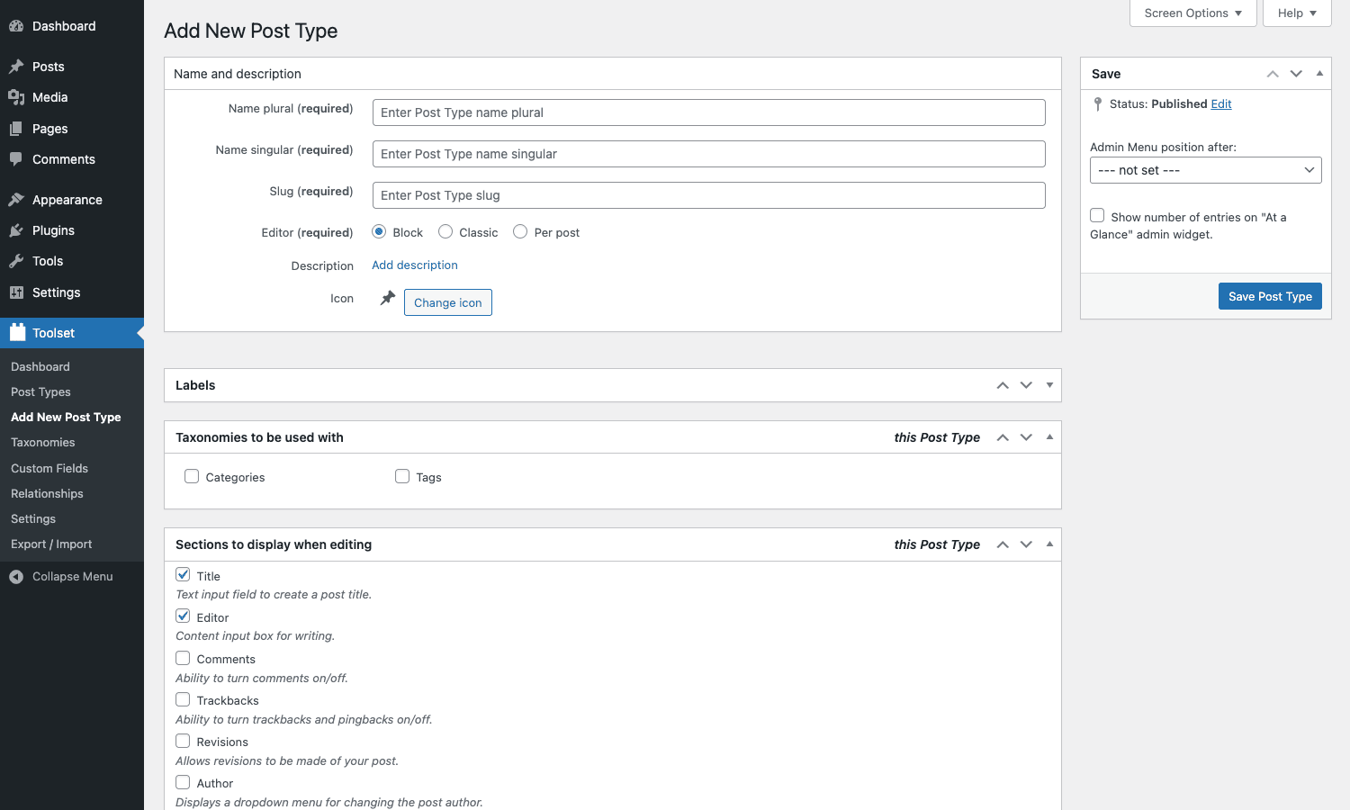 Add new post type screen in Toolset Types Toolset Types Add New Post Type editor with name, slug, editor, and labels panels
