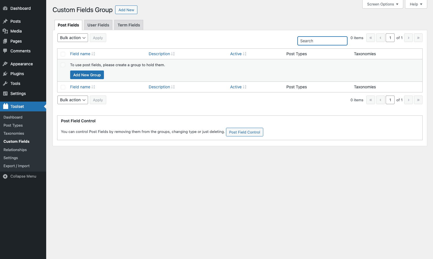 Custom fields group screen Toolset Types Custom Fields Group screen with Post Fields, User Fields, and Term Fields tabs