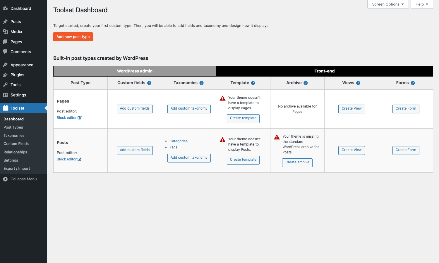 Toolset Types dashboard Toolset Types dashboard showing post types, taxonomies, templates, and form actions