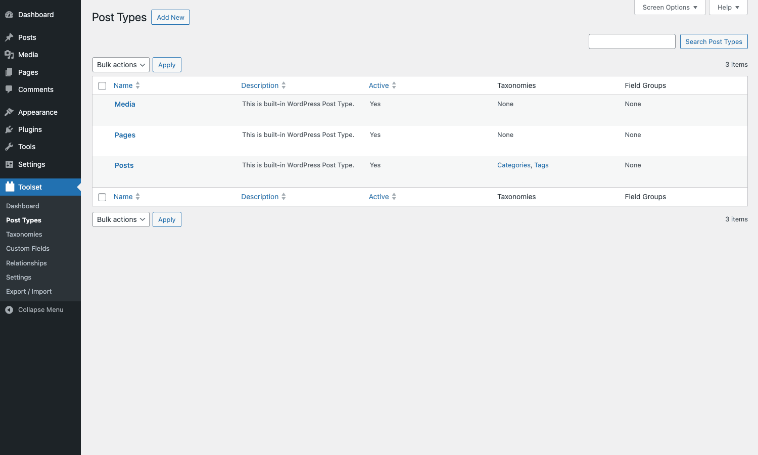 Post Types list in Toolset Toolset Types Post Types listing screen with Posts, Pages, and Media
