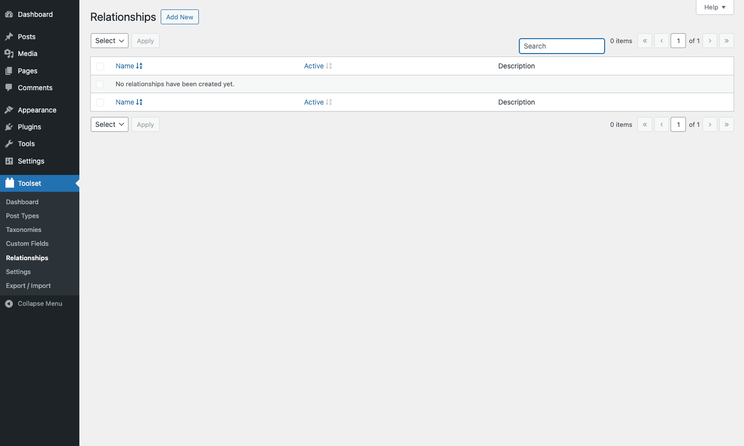 Relationships list screen Toolset Types Relationships screen with empty state and Add New button