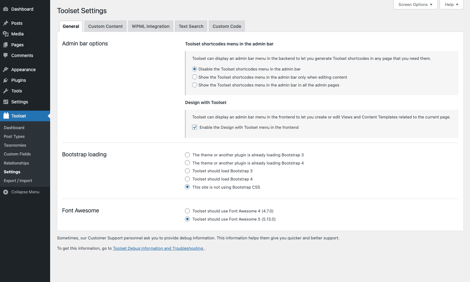 Toolset settings screen Toolset Settings screen with General tab showing admin bar and Bootstrap options