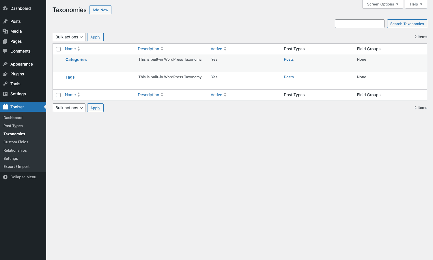 Taxonomy list in Toolset Types Toolset Types Taxonomies list with Categories and Tags shown