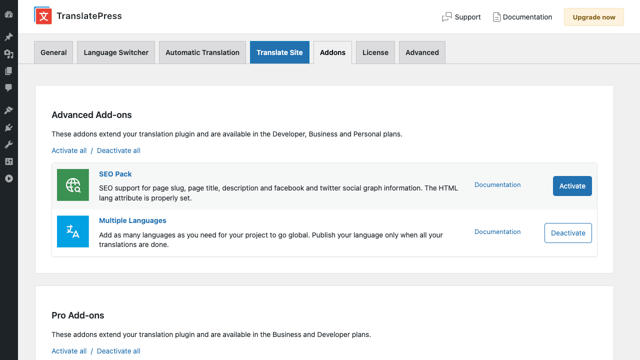TranslatePress Addons with SEO Pack and Multiple Languages TranslatePress Addons tab showing the Advanced Add-ons section with SEO Pack and Multiple Languages add-on cards each with Documentation link and Activate or Deactivate buttons, plus a Pro Add-ons section starting below