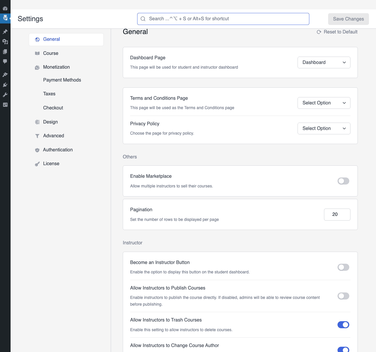 Tutor LMS Settings with General section selected showing Dashboard Page dropdown, Terms and Conditions Page, Privacy Policy, Enable Marketplace toggle, Pagination, plus Become an Instructor Button and Allow Instructors options. Left sidebar shows tabs for Course, Monetization, Payment Methods, Taxes, Checkout, Design, Advanced, Authentication, License