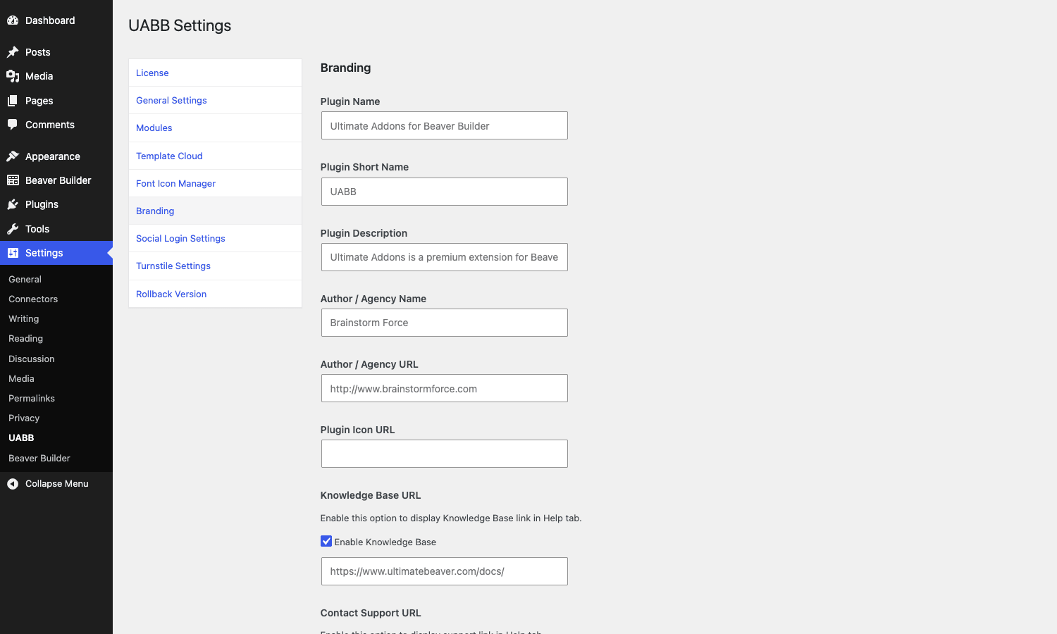UABB Branding - rename and rebrand for client sites UABB Branding tab showing white-label form fields for Plugin Name, Author Name, etc.