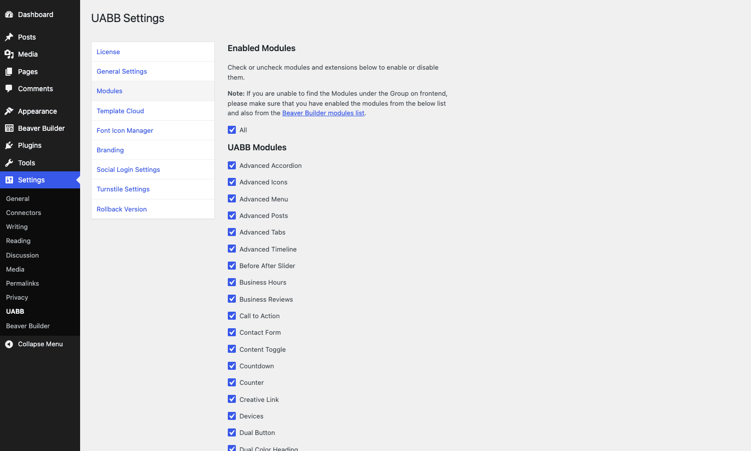 UABB Modules tab - enable or disable individual modules UABB module enable/disable list with each module shown as a checkbox